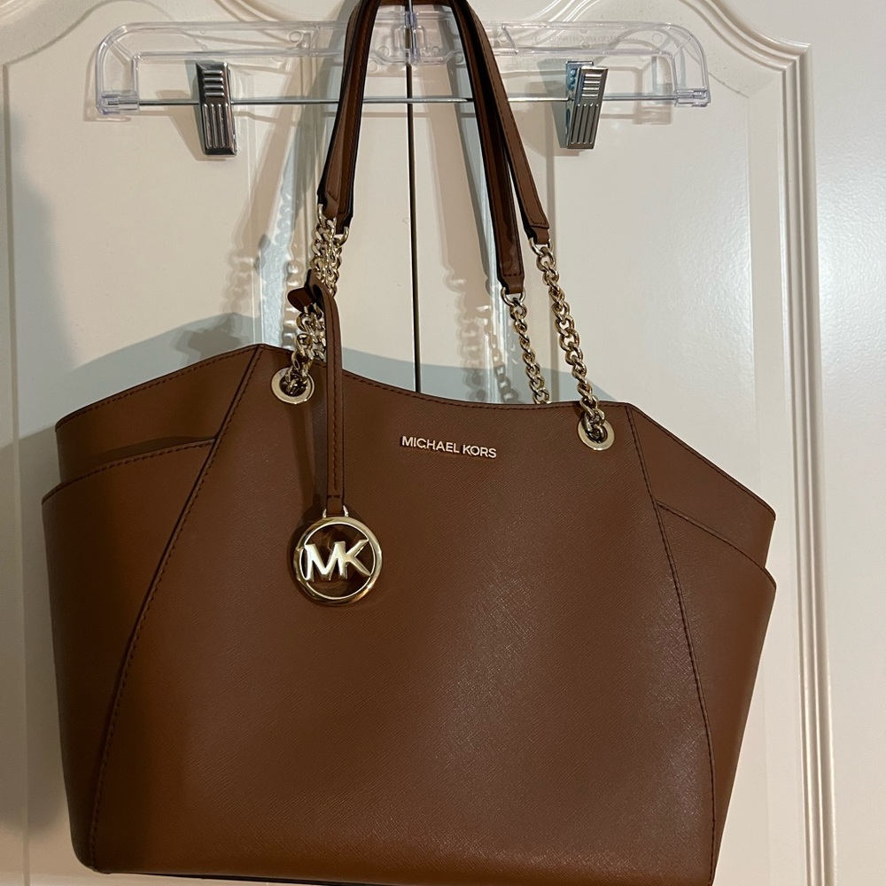 Michael Kors Brown Leather Tote with Silver Chain Detail